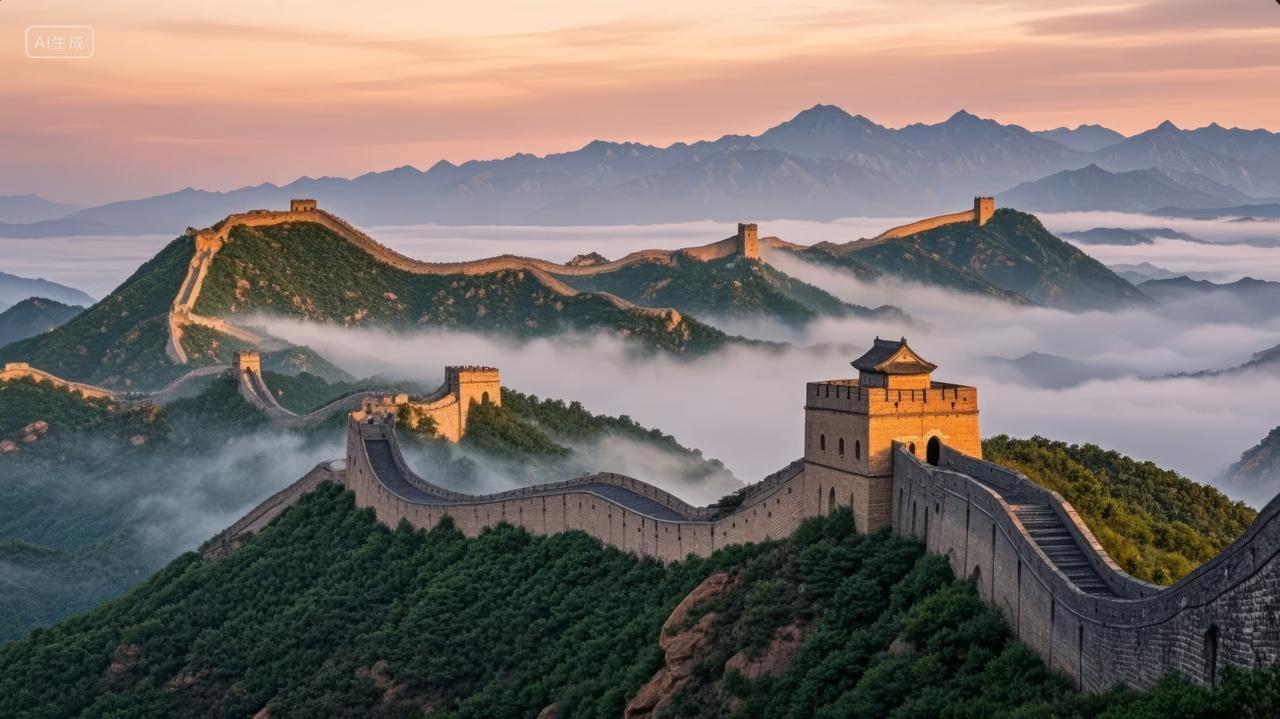 国庆节长城云雾缭绕水墨风文化旅游背景