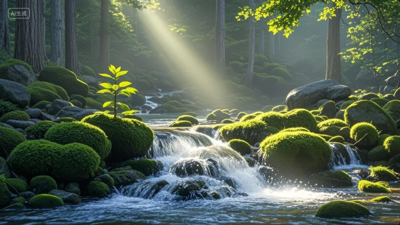春分节气森林溪流阳光苔藓治愈系背景图