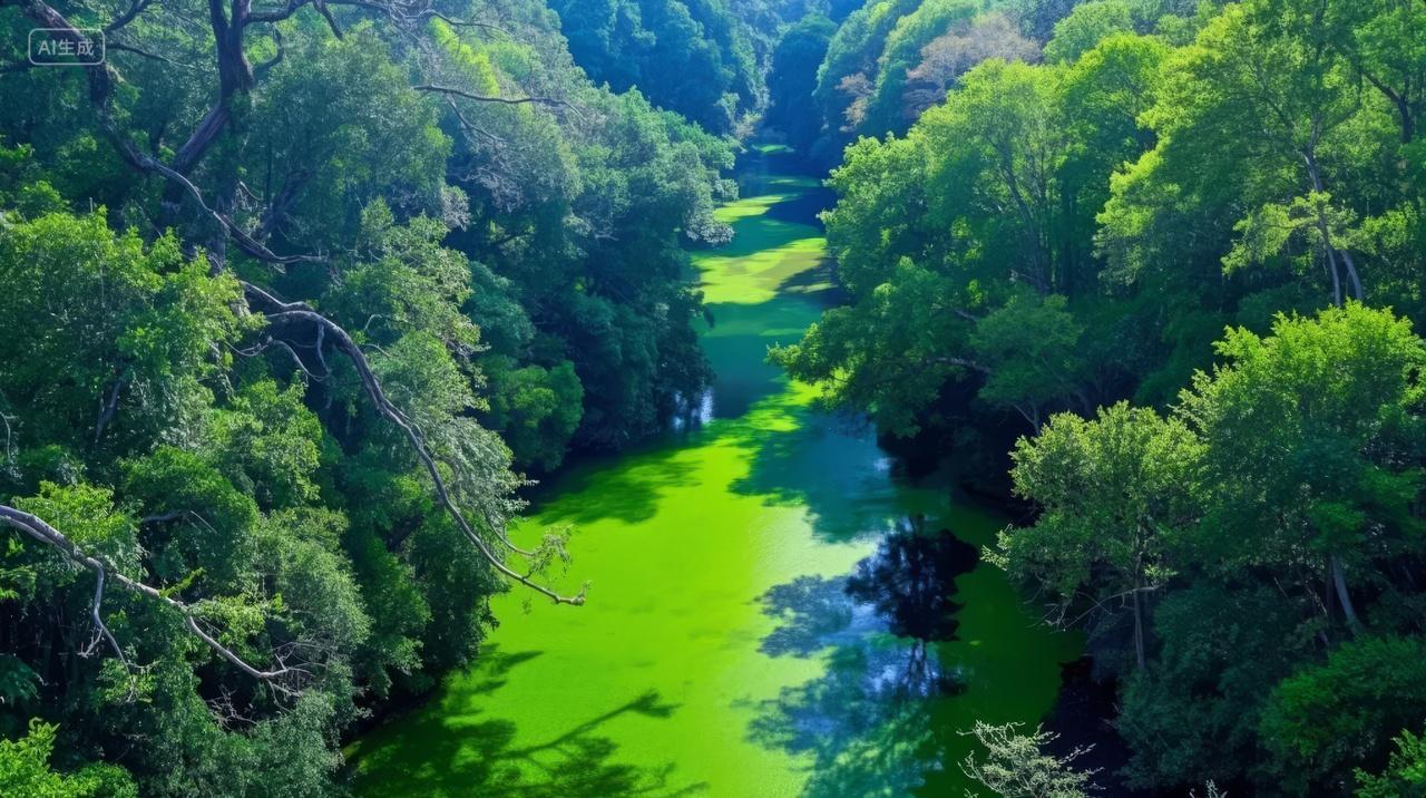 立夏节气航拍森林河流绿色生态旅游背景图