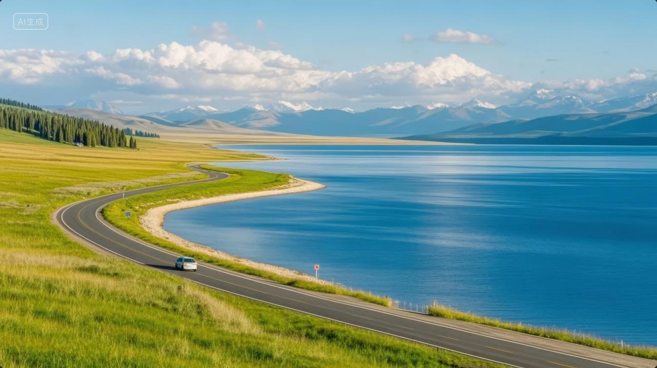 夏季公路湖泊雪山旅行风光自驾游背景图