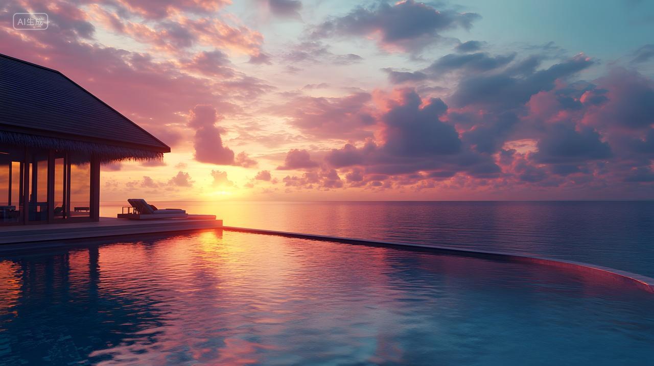 夕阳西下，无边泳池与海天一色，别墅静谧