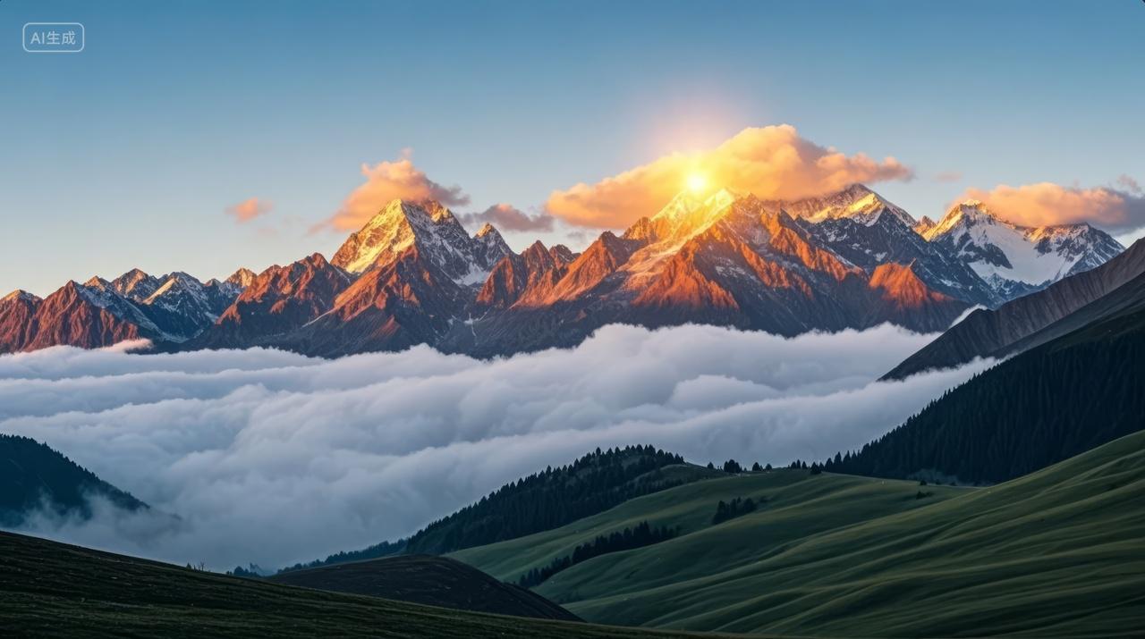 日照金山雪山云海壮丽自然风光励志背景