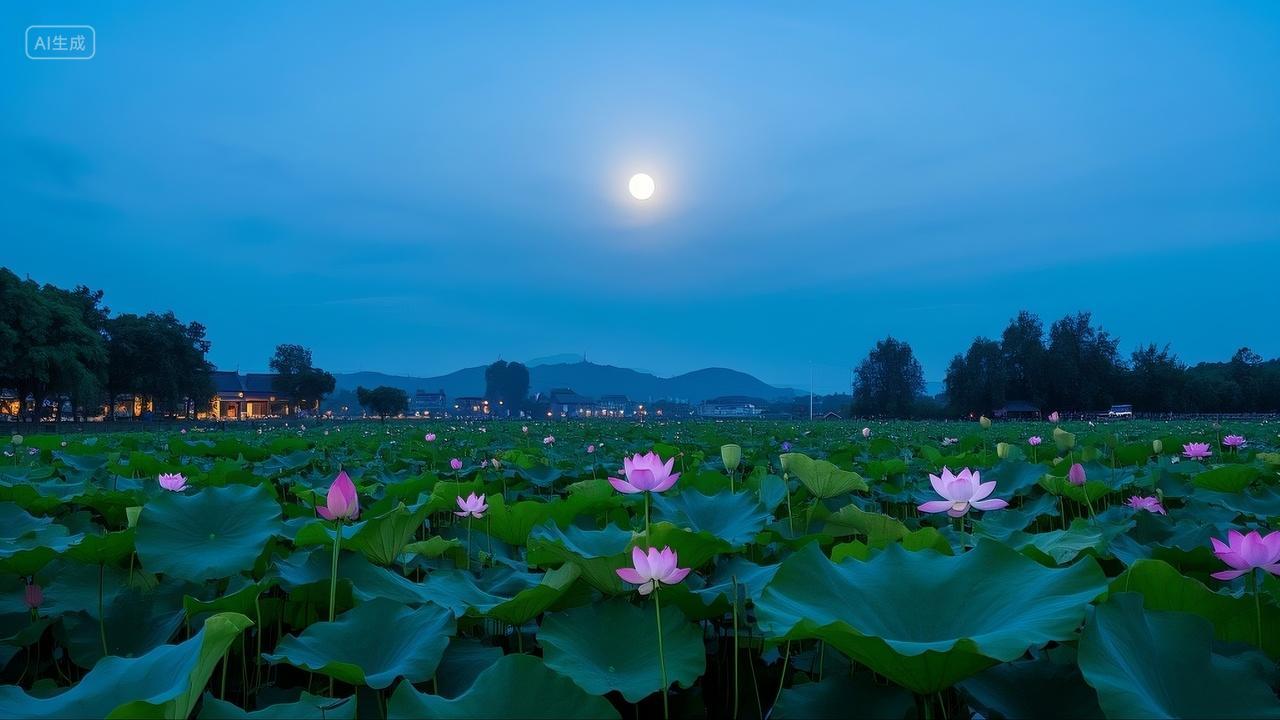 傍晚长沙望城荷塘里的荷花与天上的月亮