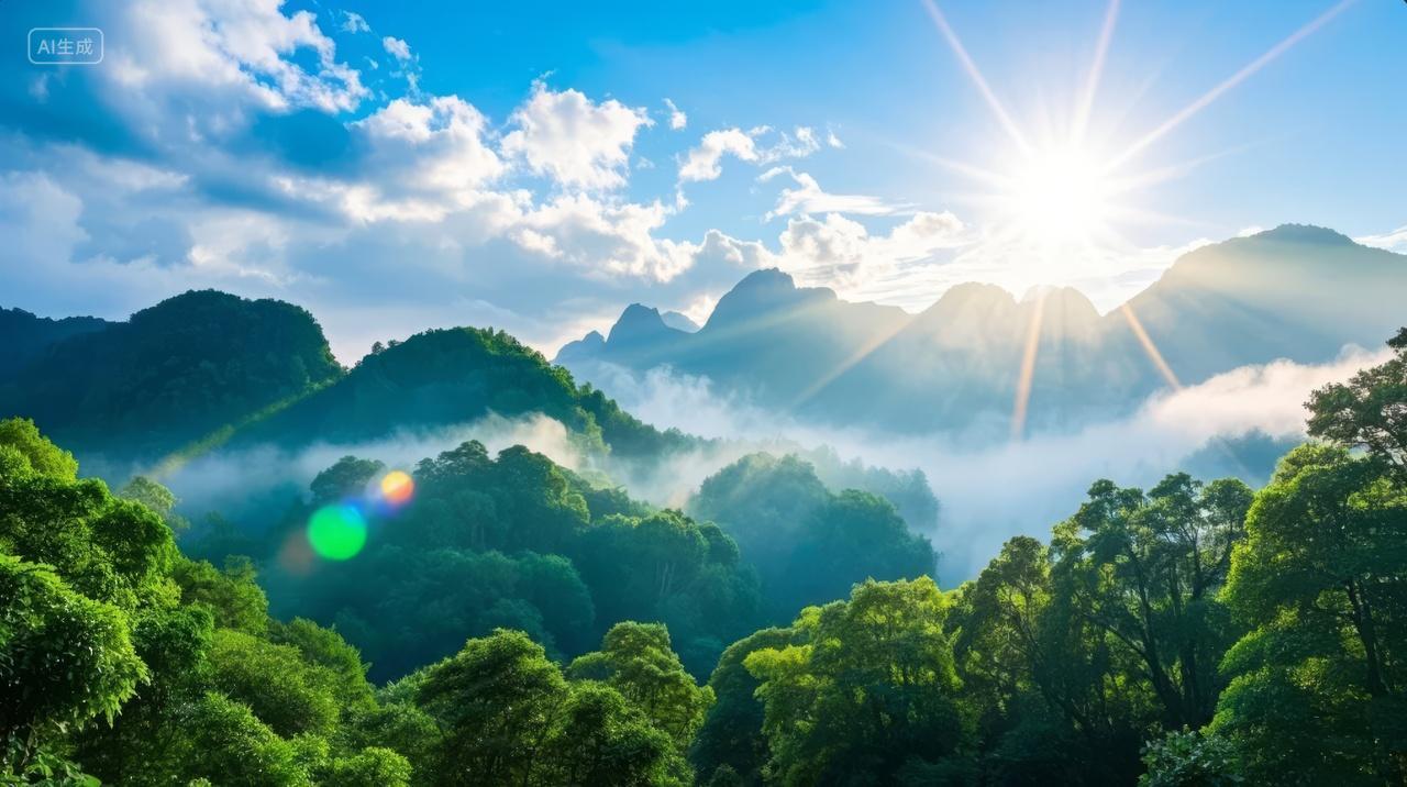 清晨森林薄雾阳光穿透自然生态治愈背景