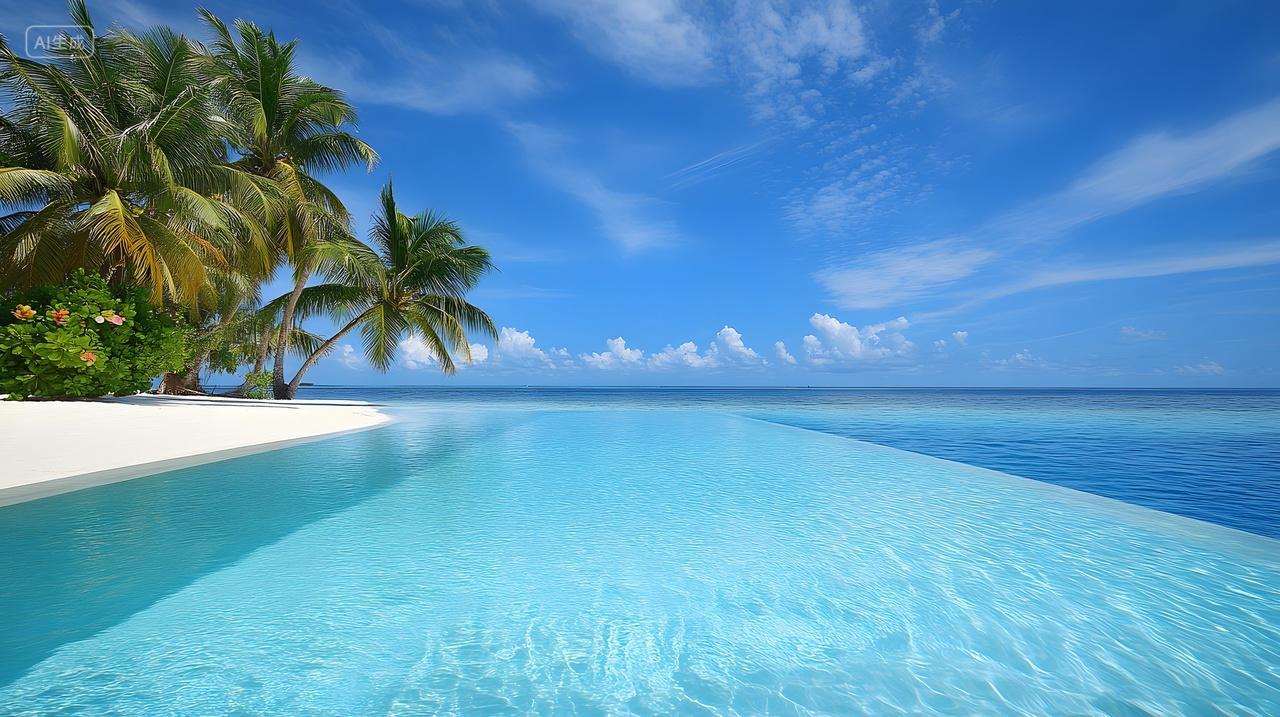 无边泳池与碧海蓝天无缝衔接，椰树点缀