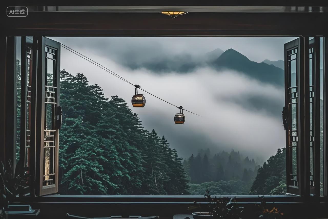 窗外缆车云雾山林幽静旅行度假意境背景
