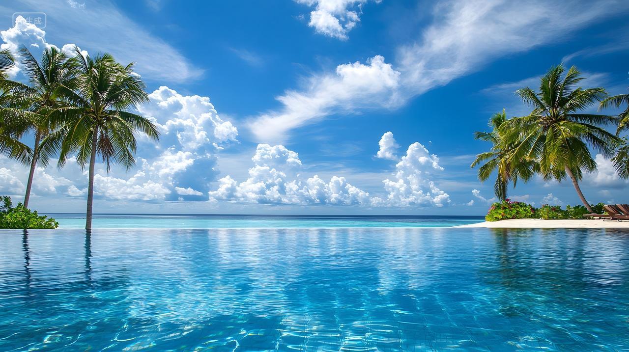 无边泳池与碧海蓝天相接，椰树环绕