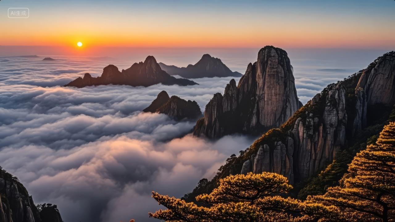 黄山日出云海奇松怪石壮丽山峰旅游背景
