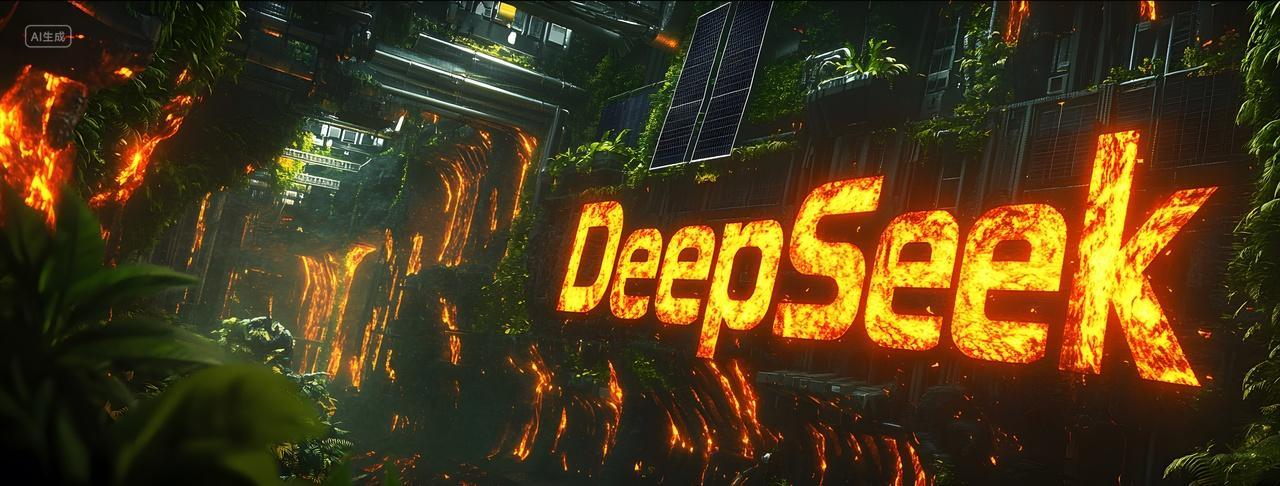 DeepSeek在火焰与绿植交织的未来城市中闪耀