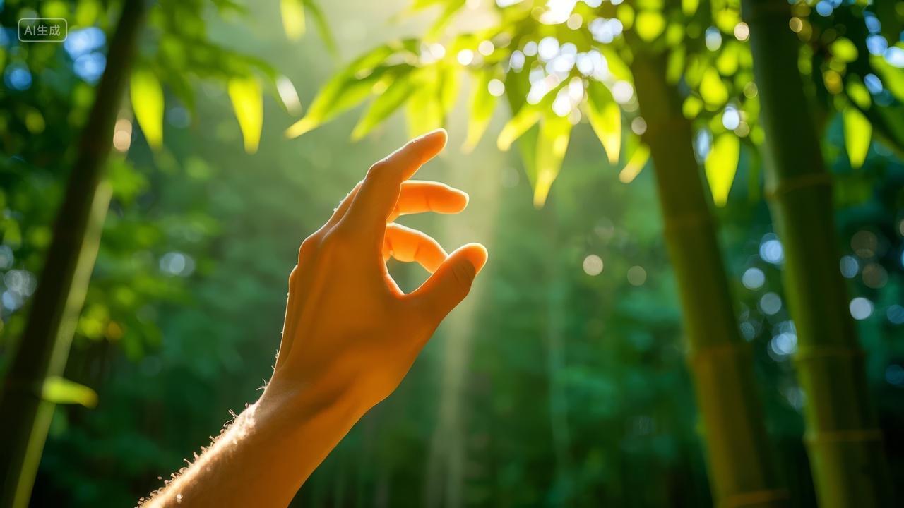手指触摸阳光竹林希望治愈绿色自然背景