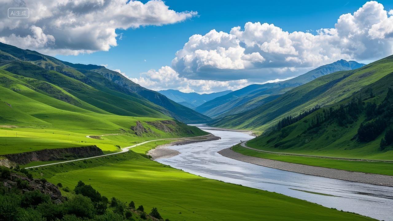 夏季草原河流山谷壮丽自然风光旅游背景