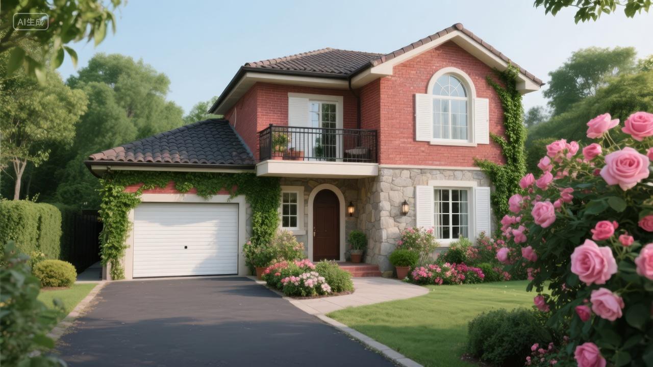 独栋别墅住宅玫瑰花园温馨家庭生活背景图