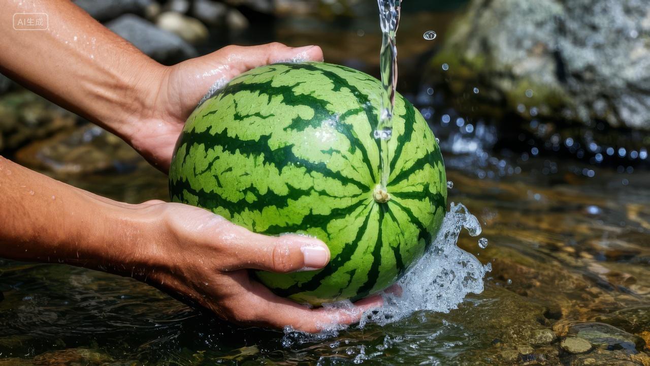 夏至节气溪流中洗西瓜清凉解暑生活场景