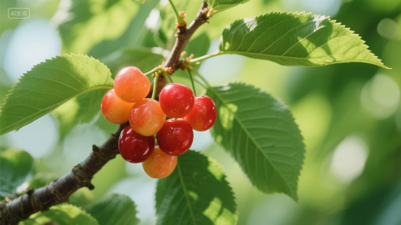 夏季樱桃成熟水果新鲜采摘自然生鲜背景
