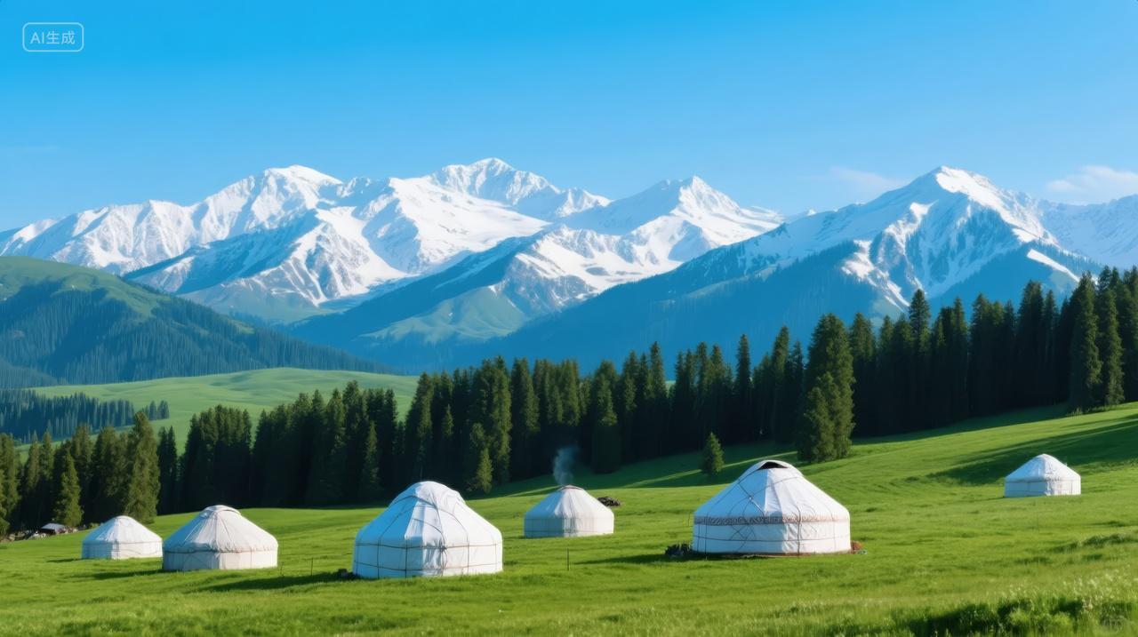 新疆草原雪山蒙古包自然风光旅游背景图
