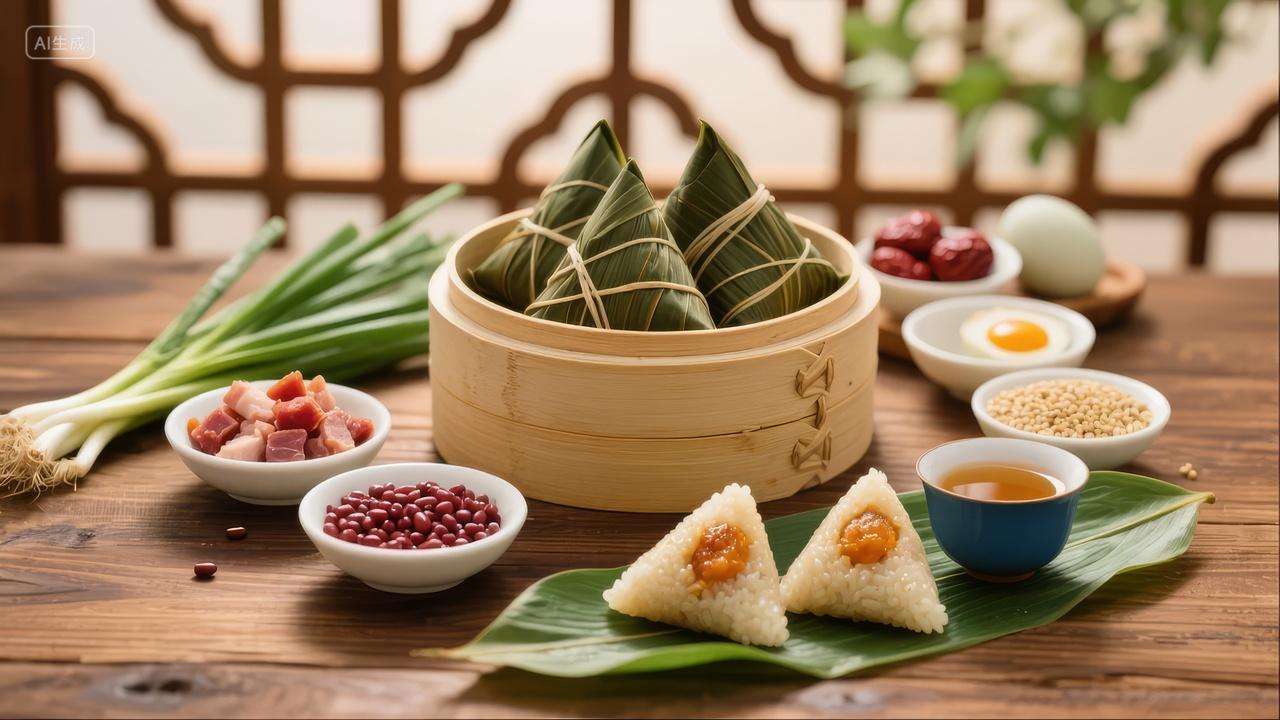端午家宴粽子咸鸭蛋红枣丰盛美食背景图