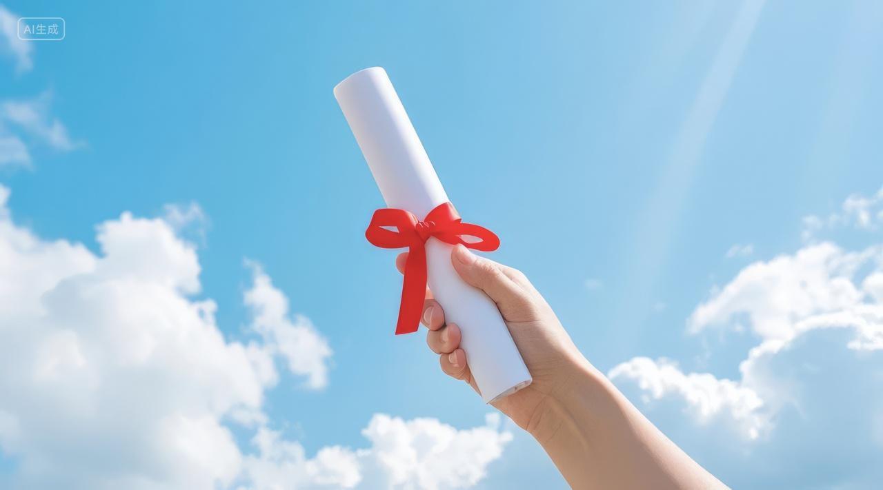 毕业典礼手举毕业证庆祝成功天空背景图