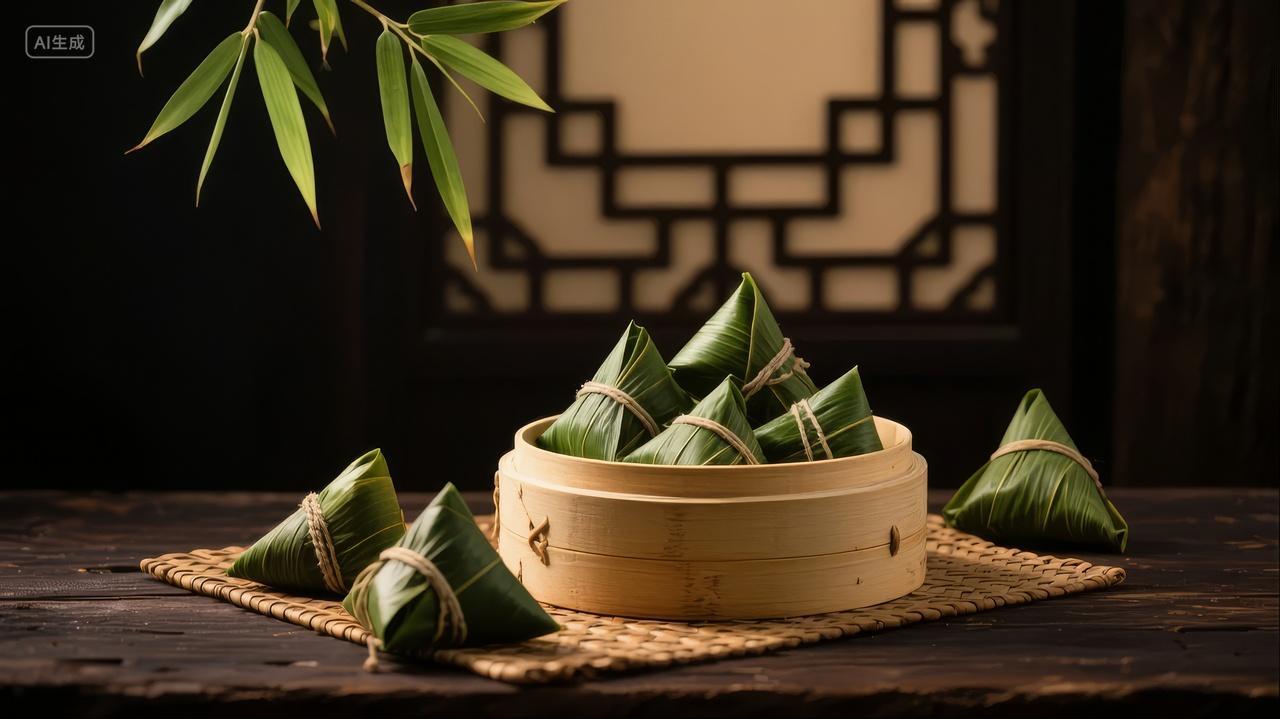 端午节粽子竹蒸笼竹叶中式传统美食背景