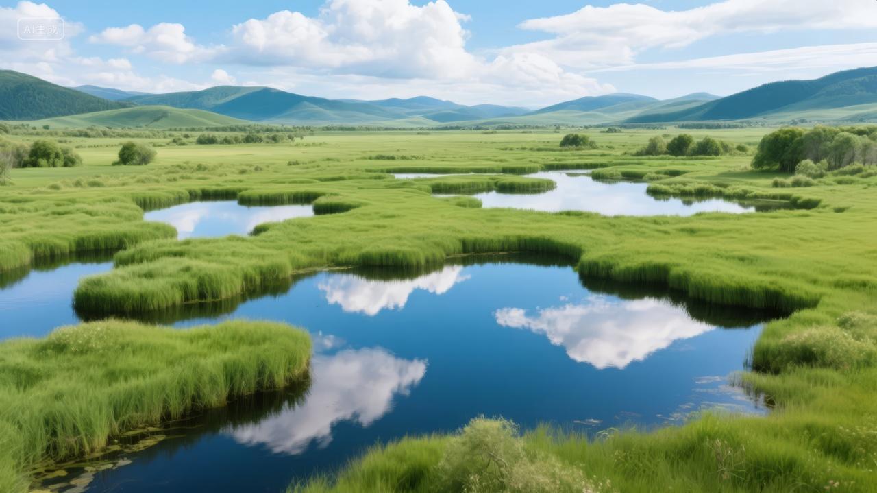 夏季湿地草原湖泊倒影蓝天白云自然背景