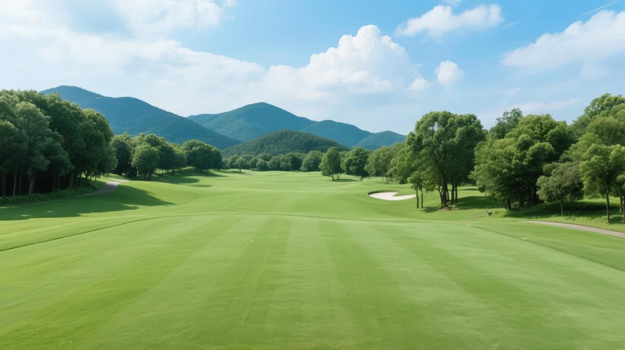 夏季高尔夫球场绿茵蓝天白云休闲运动背景