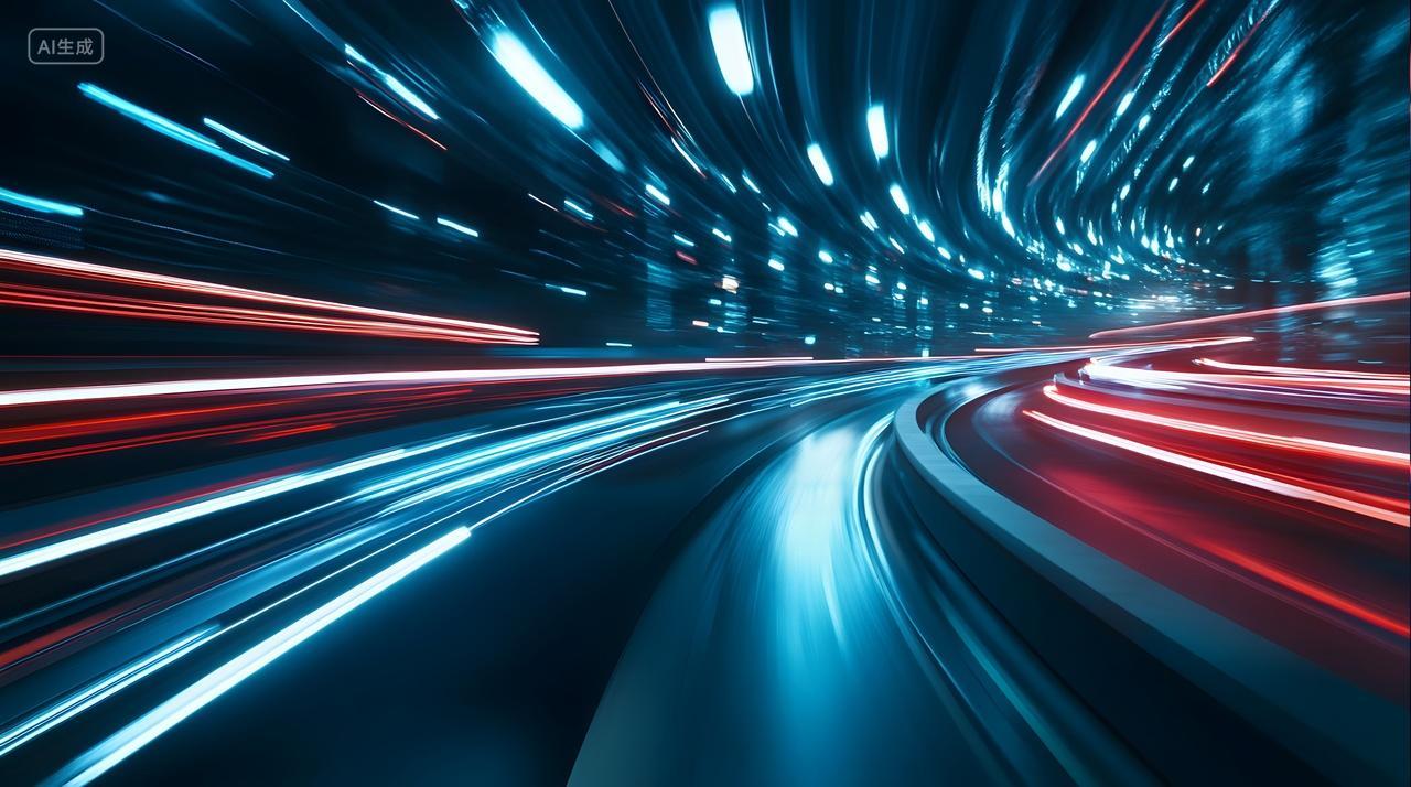 光轨交织的隧道，色彩斑斓，展现高速行驶的动感与未来科技感。