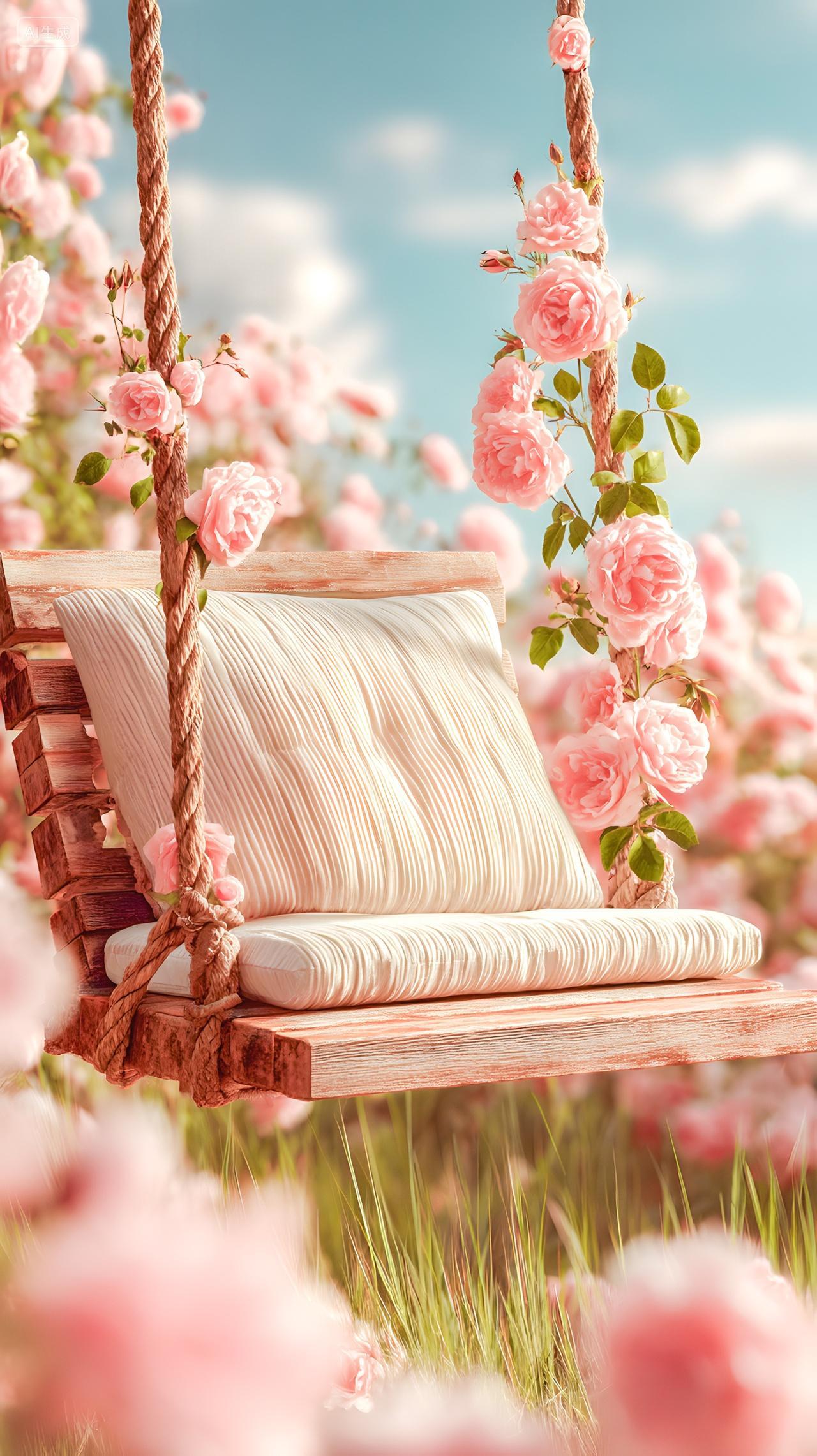 梦幻般夏日草地粉红色玫瑰木制秋千背景图