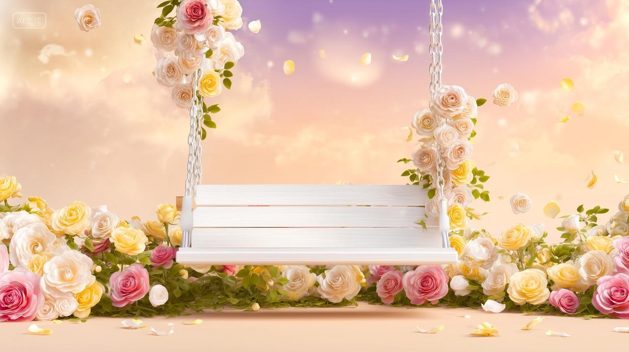 高端化妆品美容美肤玫瑰花木制秋千电商展台背景