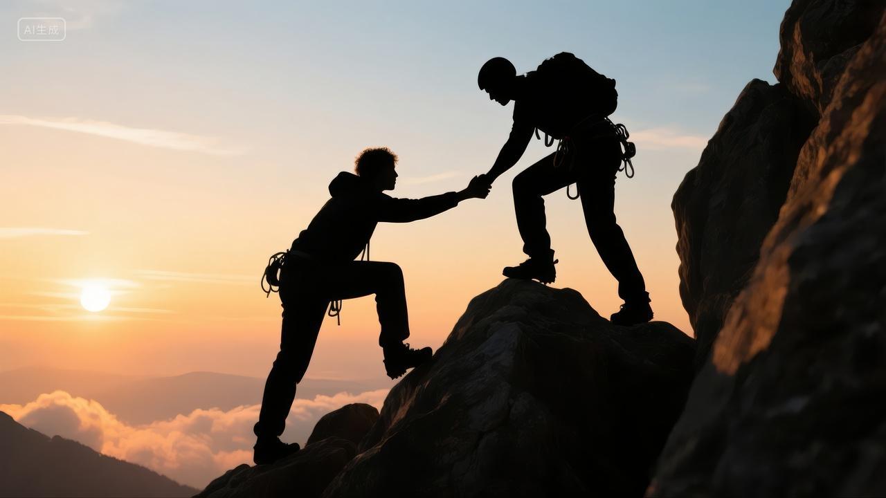 登山攀岩团队互助合作挑战极限励志背景图