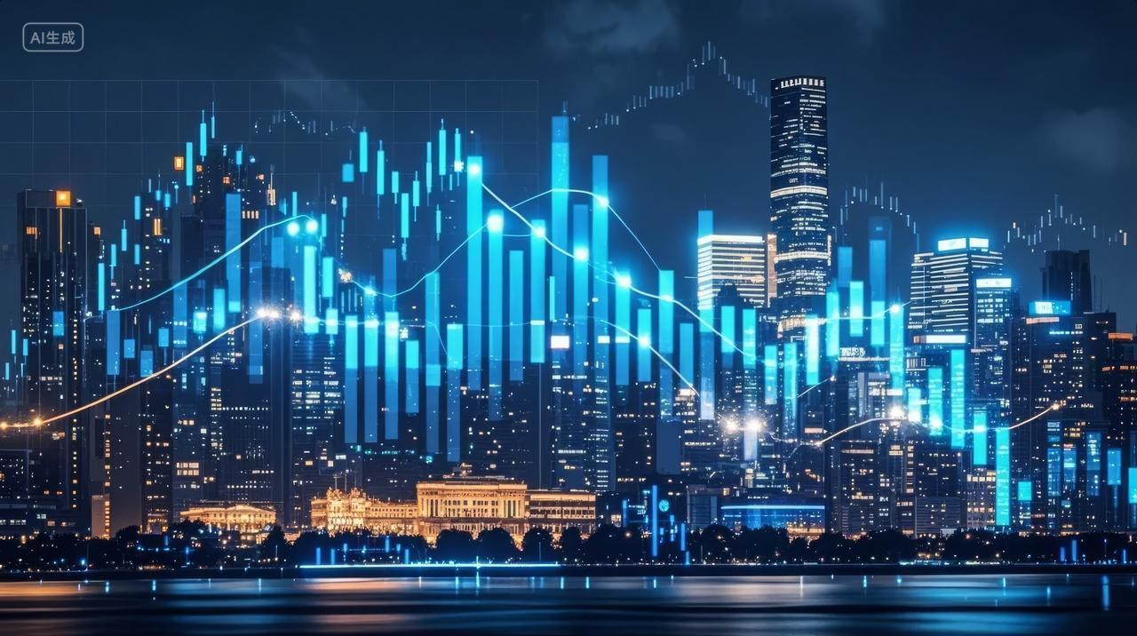 股市K线图城市夜景金融投资数据分析背景