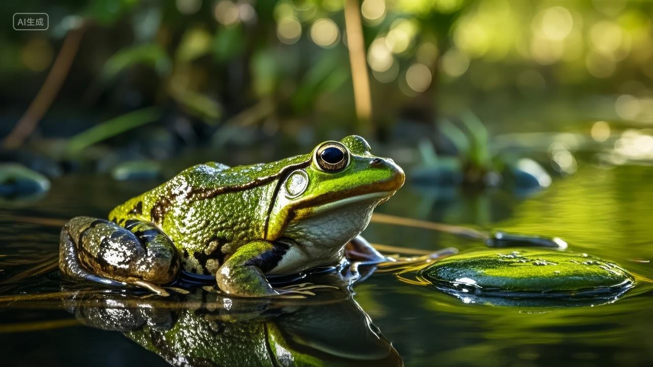 池塘青蛙荷叶倒影夏季自然生态动物背景