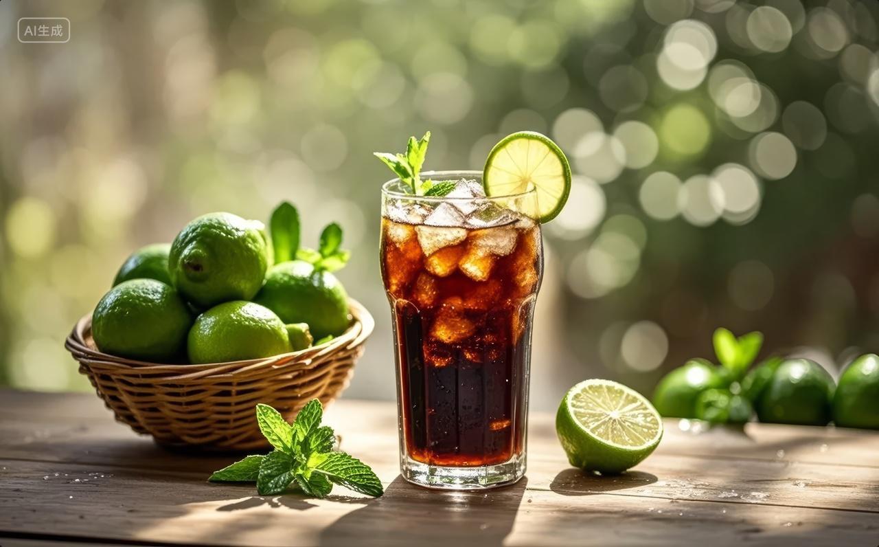 夏天冰镇可乐青柠薄荷冷饮休闲生活背景图