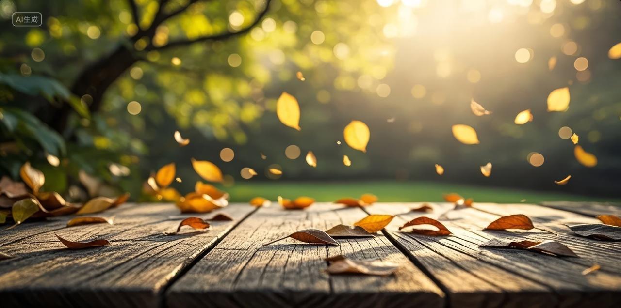 秋日阳光落叶木桌宁静温暖自然背景图