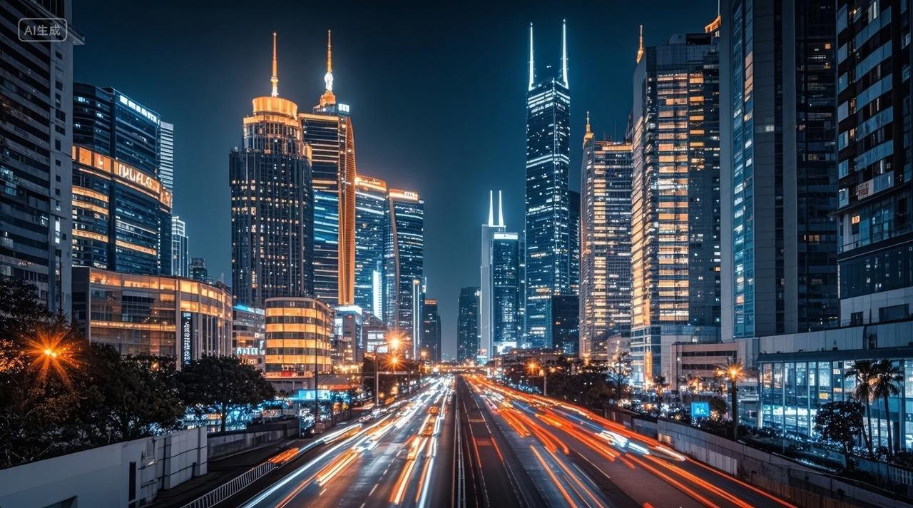 城市夜景街道车流光轨现代都市交通背景图