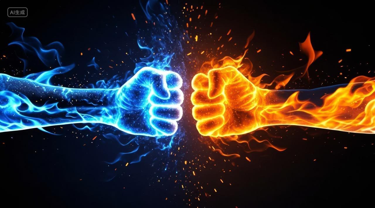 冰与火拳头碰撞力量对抗冲突概念背景图