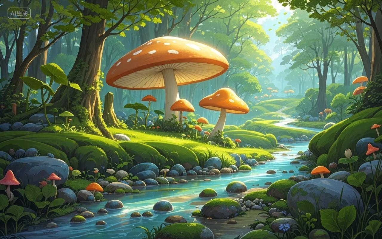 奇幻森林巨大蘑菇溪流童话插画游戏背景