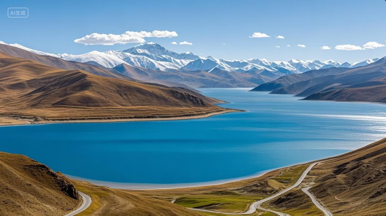 西藏高原湖泊雪山公路壮丽自然风光背景图