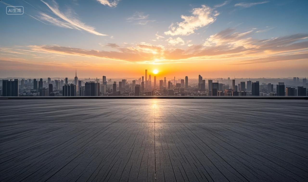 空旷场地遥望城市天际线日出希望背景图
