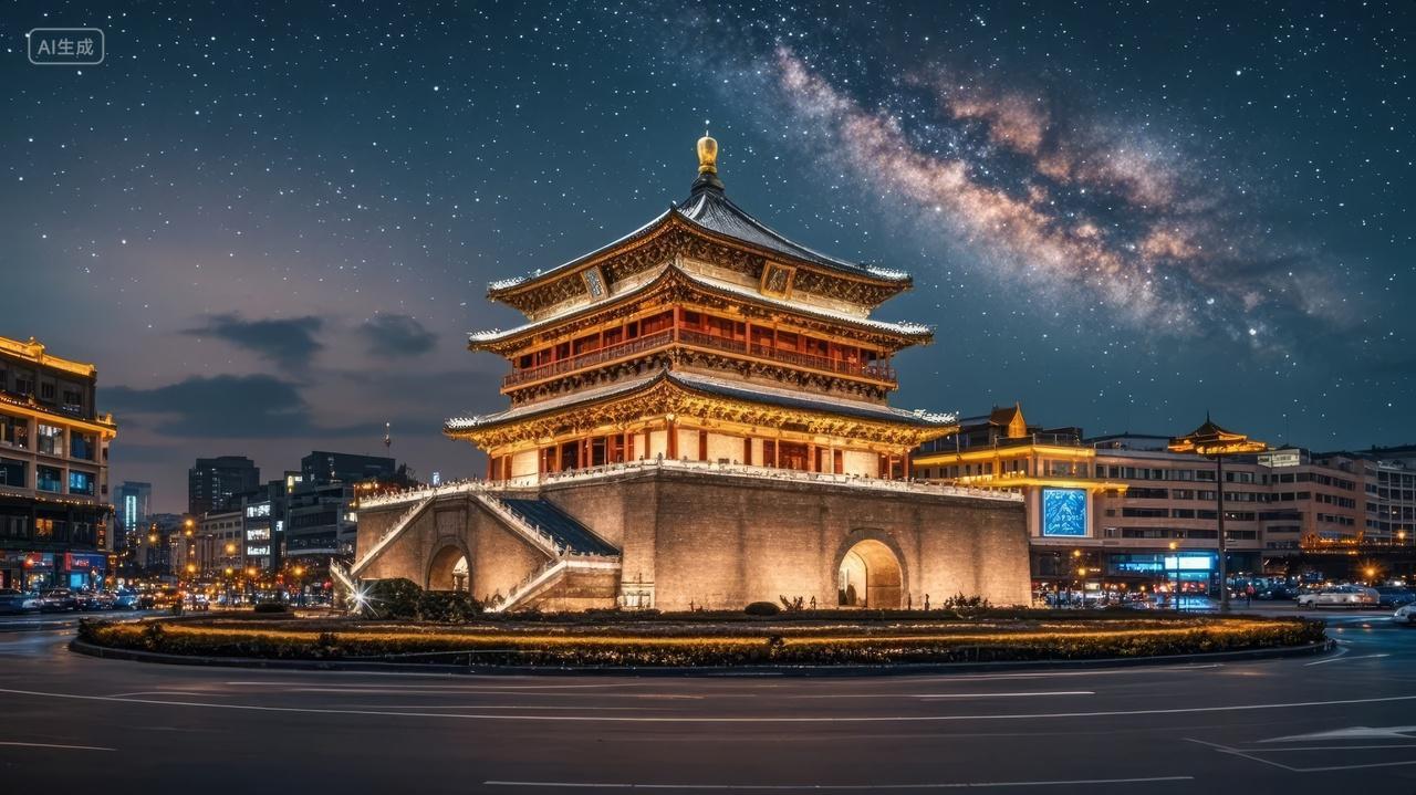 西安古城墙钟楼星空夜景历史文化旅游背景