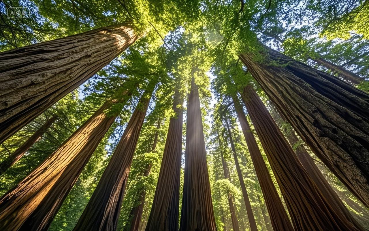 仰望参天巨树森林阳光普照自然生命力背景