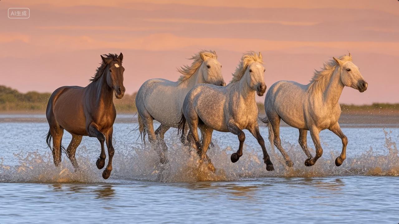 日落时分群马奔腾活力四射自然力量背景图