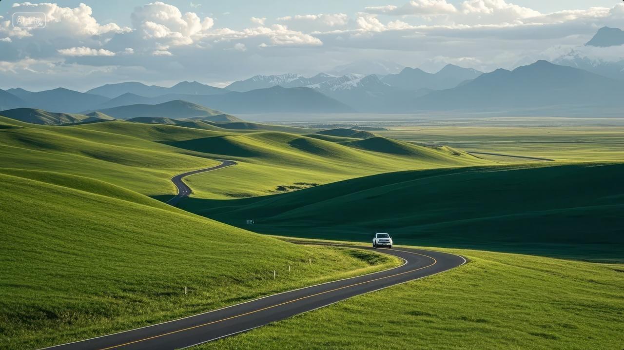 夏季草原绿色山丘蜿蜒公路自然风光背景