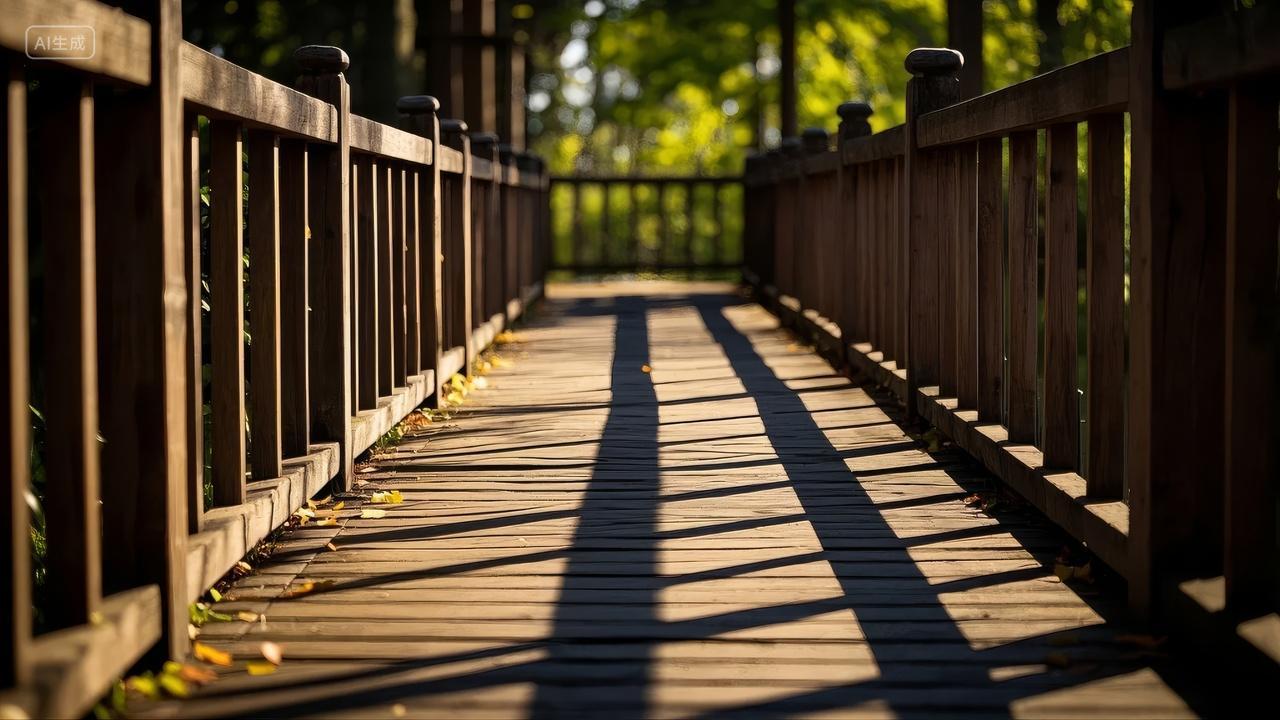公园木栈道光影延伸宁静户外休闲风景背景
