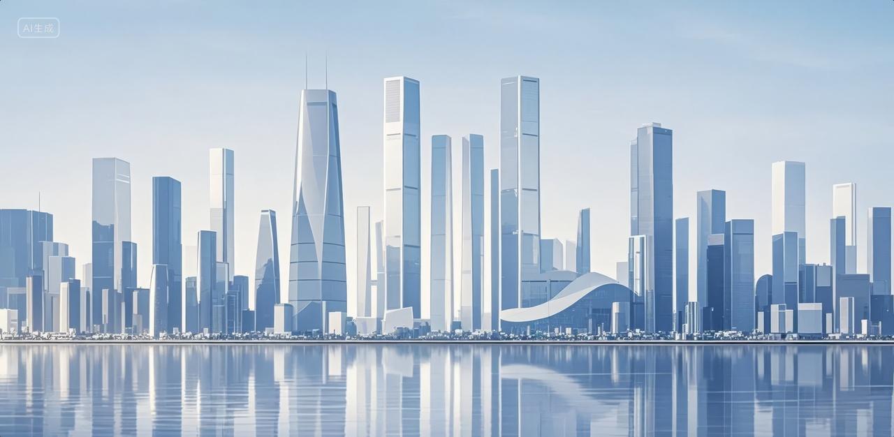 未来城市天际线倒影现代简约建筑概念背景