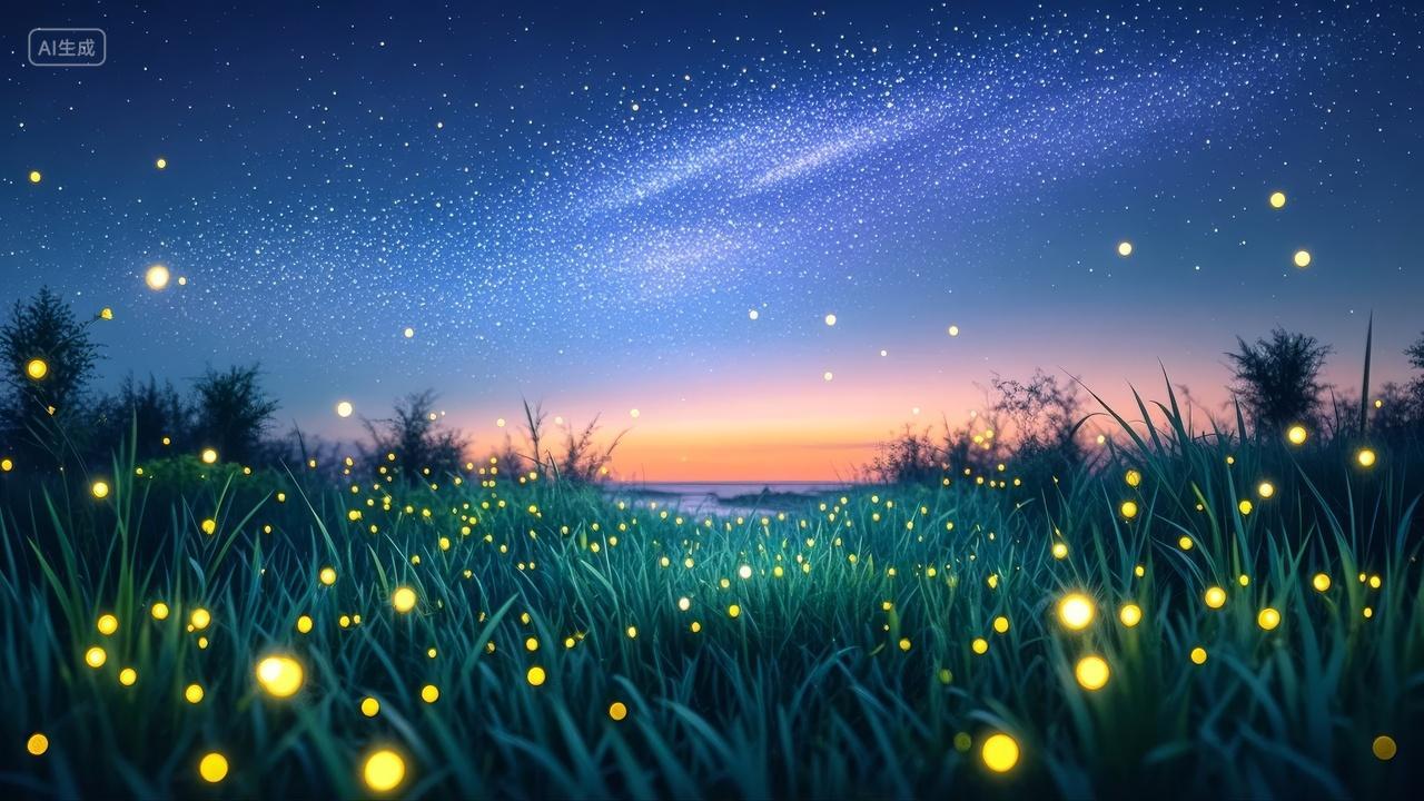 夏夜萤火虫星空草地浪漫奇幻夏天背景图