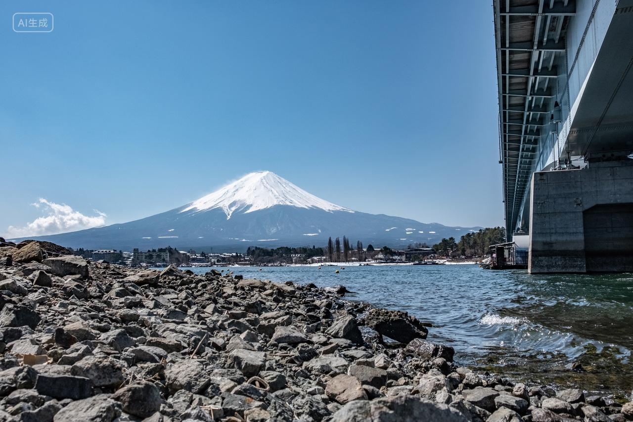 日本河口湖富士山大桥早晨日出雪山积雪倒影旅游摄影大自然