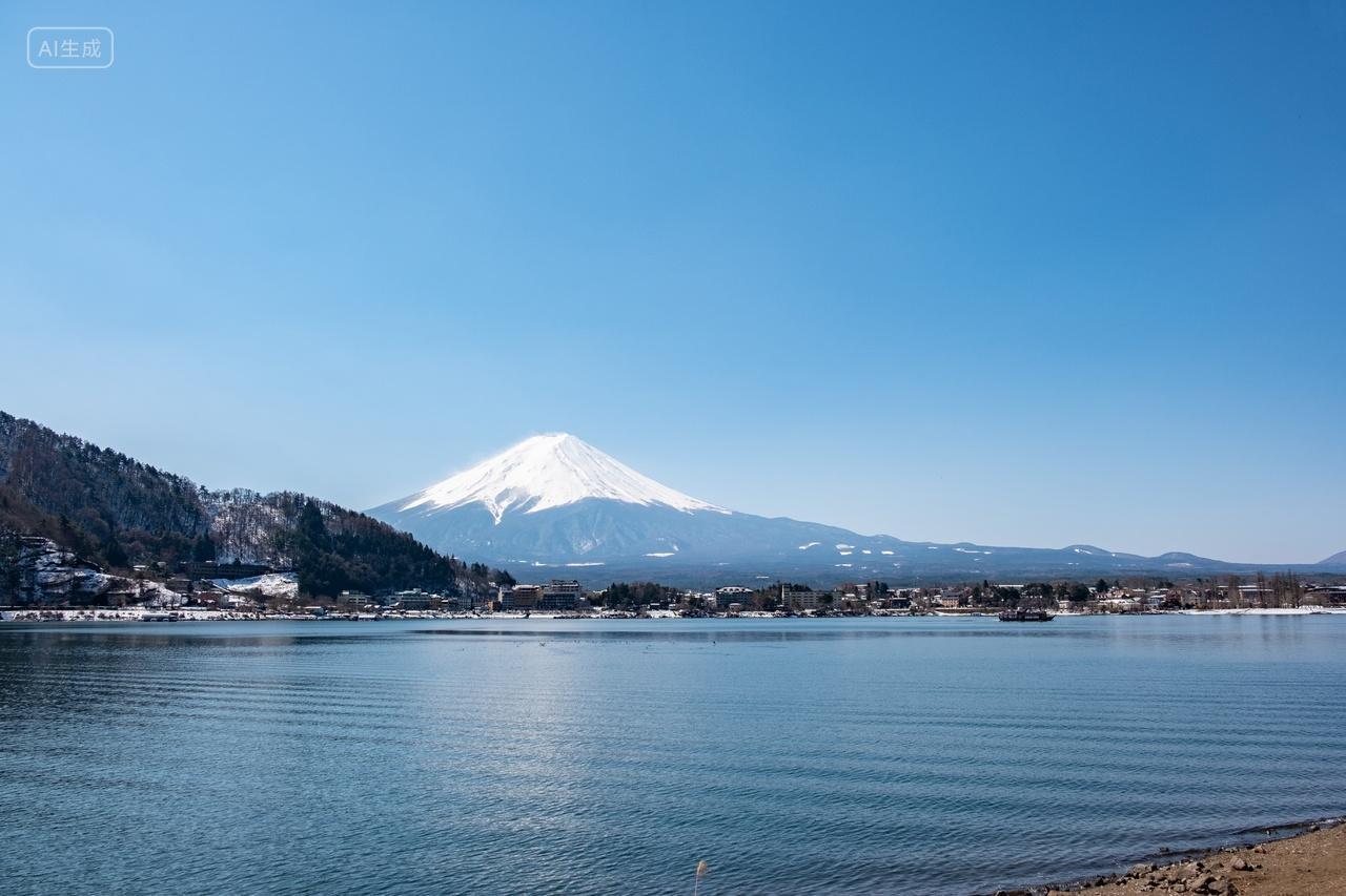 日本河口湖富士山早晨日出雪山积雪倒影旅游摄影大自然