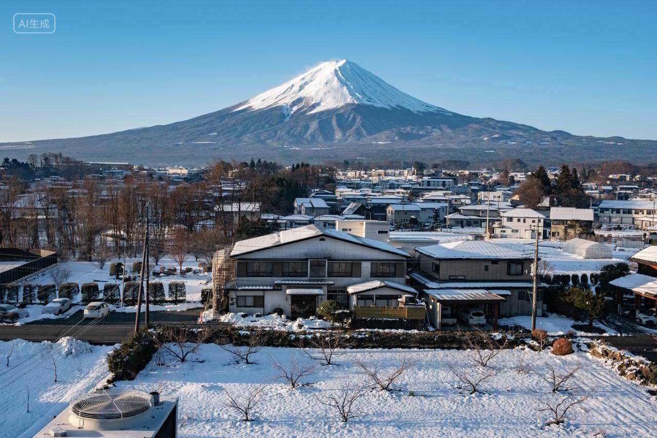 日本河口湖富士山房屋早晨日出雪山积雪旅游摄影大自然