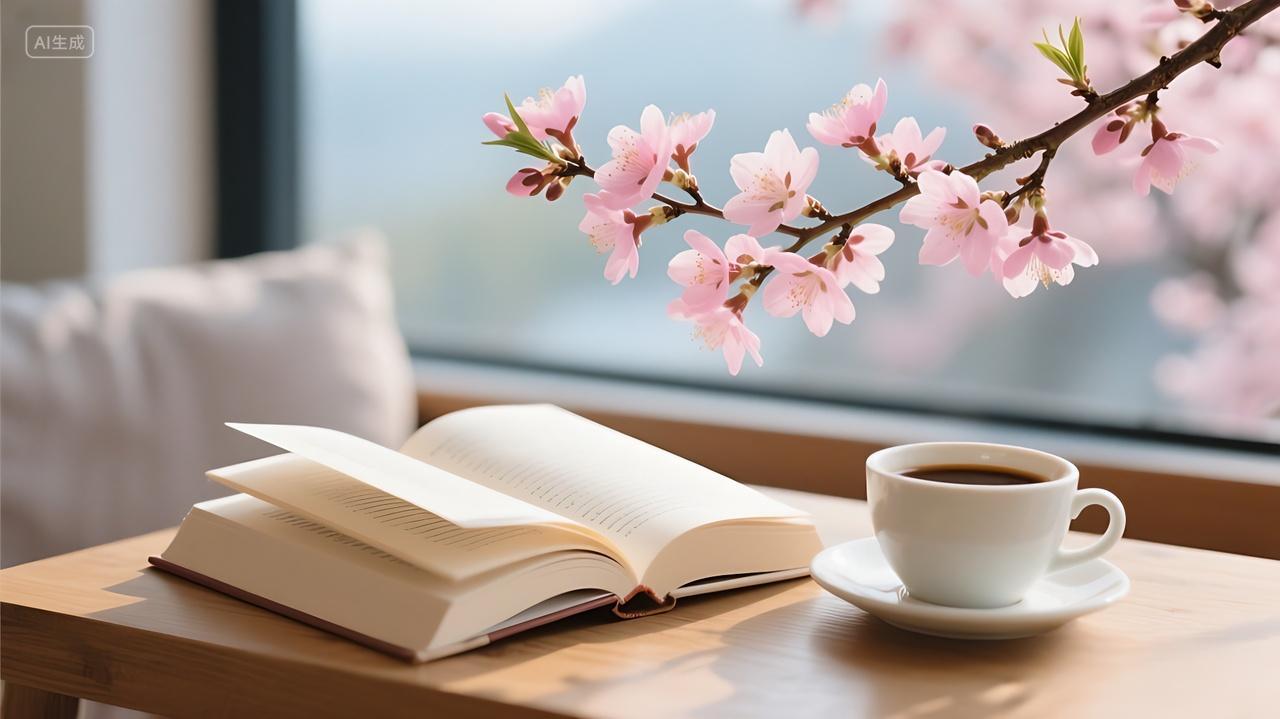 一幅惬意美好的场景桌子旁边花枝上的粉色花朵AI