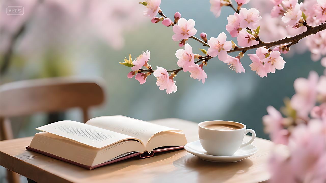 一幅惬意美好的场景桌子旁边花枝上的粉色花朵AI