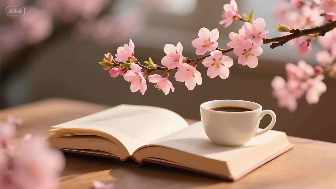 一幅惬意美好的场景桌子旁边花枝上的粉色花朵AI